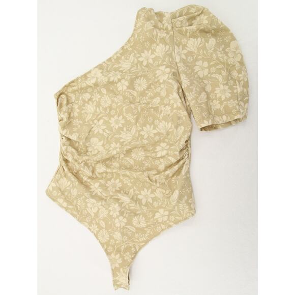 Intimately Free People Bodysuit One Shoulder Puff Sleeve Floral Green Tan NWT L - Picture 2 of 12